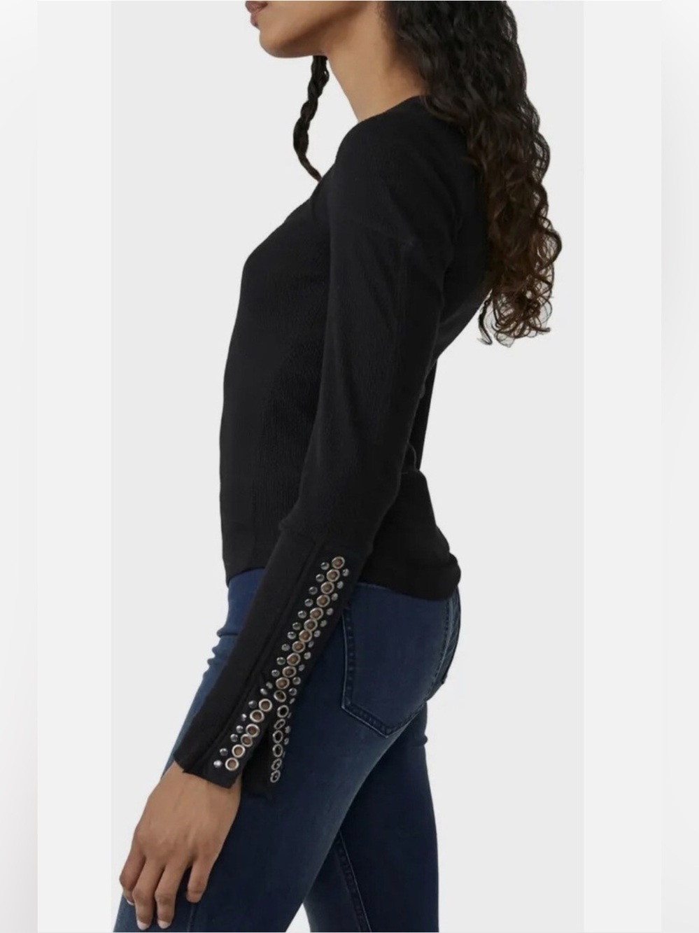 Free People A Little Unruly Black Waffle Stud Long Sleeve Ribbed Top Shirt L - Picture 4 of 15